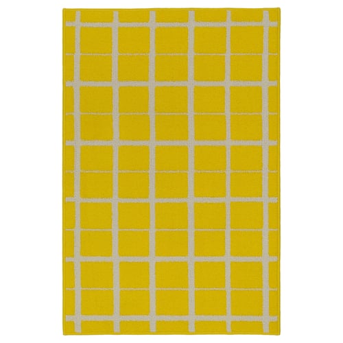 Bright yellow chequered rug with white lines, square shape, soft texture.
