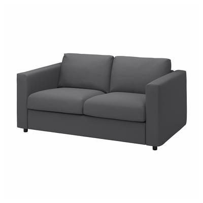 Modern grey fabric 2-seat sofa, clean-lined design, comfortable cushions.