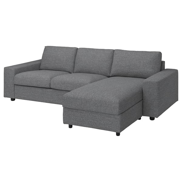 VIMLE 3-seat sofa-bed with chaise longue, with wide armrests/Lejde grey/black