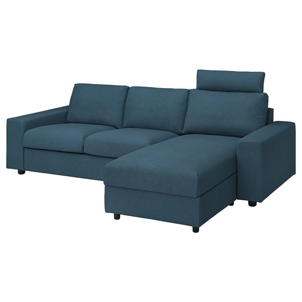 VIMLE 3-seat sofa with chaise longue, with wide armrests with headrest/Hillared dark blue