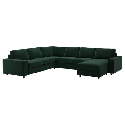 VIMLE Crnr sofa-bed, 5-seat w chaise lng, with wide armrests/Djuparp dark green