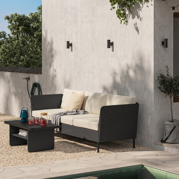 VITTSKÄR 3-seat sofa, armrests outdoor/plastic rattan dark grey Frösön/Duvholmen beige