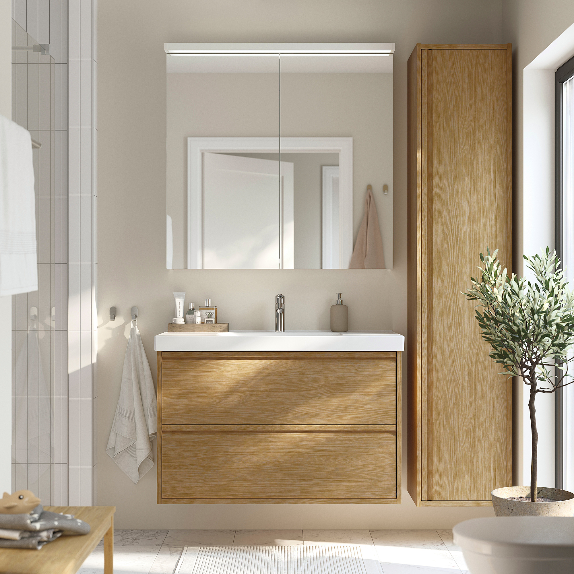 ÄNGSJÖN Meuble lavabo avec tiroirs, motif chêne, 100x48x63 cm