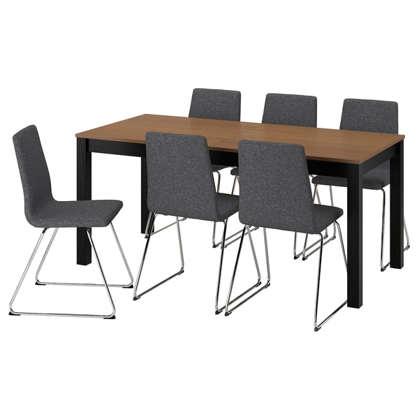 ÅLHULT / LILLÅNÄS Table et 6 chaises, noir/brun/Gunnared gris foncé chromé, 170/220x80 cm
