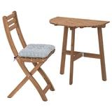 ASKHOLMEN Table mur+1 chaise pliante, ext, brun foncé/Klösan bleu, 70x44 cm