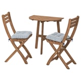 ASKHOLMEN Table mur+2 chaises pliantes, ext, brun foncé/Klösan bleu, 70x44 cm
