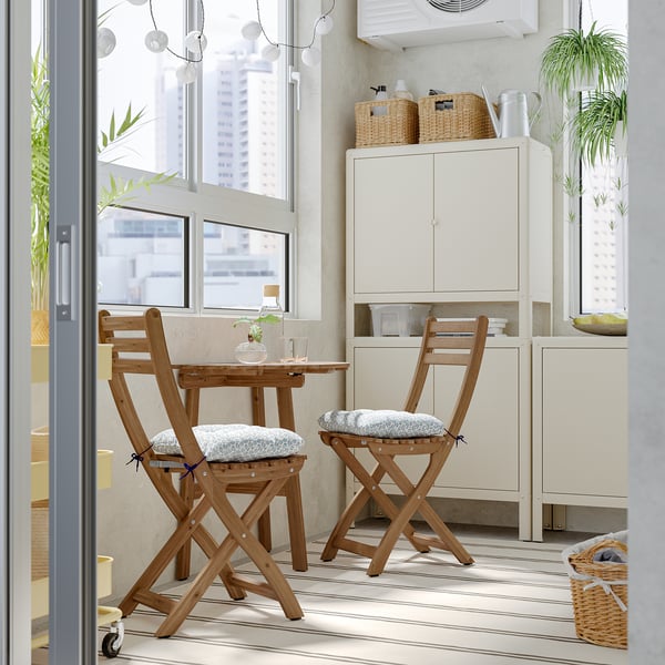ASKHOLMEN Table mur+2 chaises pliantes, ext, brun foncé/Klösan bleu, 70x44 cm