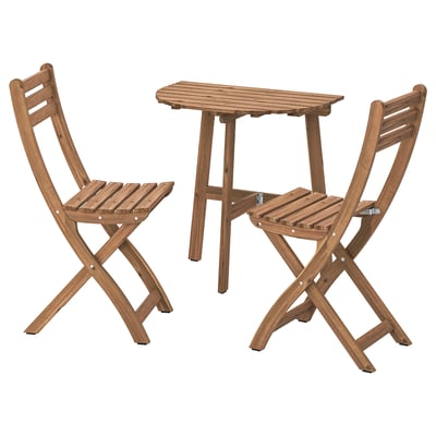 ASKHOLMEN Table mur+2 chaises pliantes, ext, brun foncé, 70x44 cm