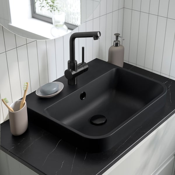BACKSJÖN Vasque semi-encastré avec siphon, noir, 50x43 cm
