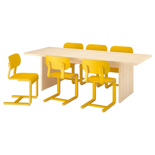 BERGSHYTTAN / LYCKAN Table et 6 chaises, effet teinté plaqué bouleau/jaune plaqué bouleau, 240x93 cm