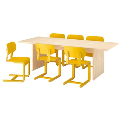 BERGSHYTTAN / LYCKAN Table et 6 chaises, effet teinté plaqué bouleau/jaune plaqué bouleau, 240x93 cm