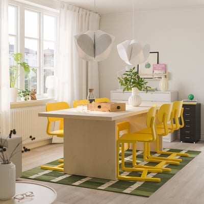 BERGSHYTTAN / LYCKAN Table et 6 chaises, effet teinté plaqué bouleau/jaune plaqué bouleau, 240x93 cm