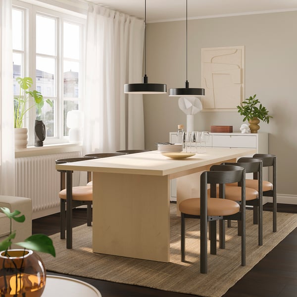 BERGSHYTTAN / STOCKHOLM 2025 Table et 6 chaises, effet teinté plaqué bouleau/cuir brun foncé, 240x93 cm