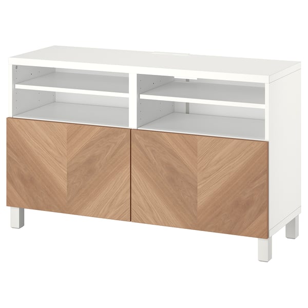BESTÅ Banc TV avec portes, blanc/Hedeviken/Stubbarp plaqué chêne, 120x42x74 cm