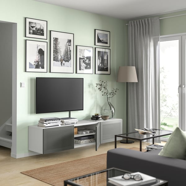 BESTÅ Banc TV avec portes, blanc/Mörtviken gris foncé, 180x42x38 cm