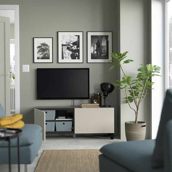 BESTÅ Banc TV avec portes, brun noir/Lappviken/Stubbarp gris clair/beige, 120x42x48 cm