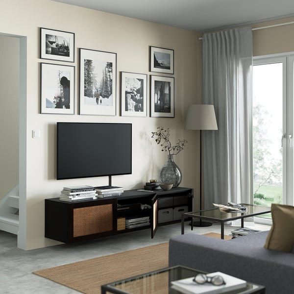 BESTÅ Banc TV avec portes, brun noir/Studsviken brun foncé, 180x42x38 cm
