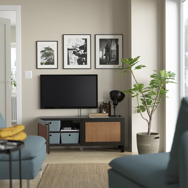 BESTÅ Banc TV avec portes, brun noir/Studsviken/Stubbarp brun foncé, 120x42x48 cm