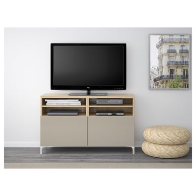 BESTÅ Banc TV avec portes, effet chêne blanchi/Selsviken/Nannarp brillant/beige, 120x42x74 cm