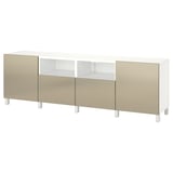 BESTÅ Banc TV avec portes et tiroirs, blanc/Riksviken/Stubbarp effet bronze clair, 240x42x74 cm