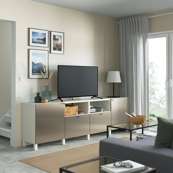 BESTÅ Banc TV avec portes et tiroirs, blanc/Riksviken/Stubbarp effet bronze clair, 240x42x74 cm