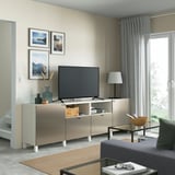 BESTÅ Banc TV avec portes et tiroirs, blanc/Riksviken/Stubbarp effet bronze clair, 240x42x74 cm