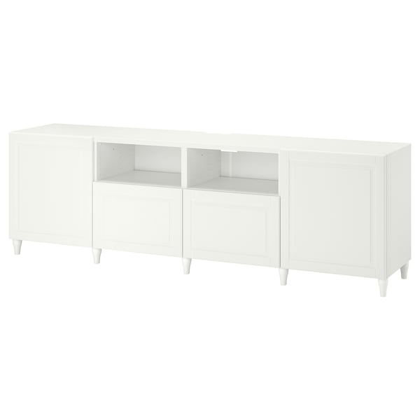 BESTÅ Banc TV avec portes et tiroirs, blanc/Smeviken/Kabbarp blanc, 240x42x74 cm