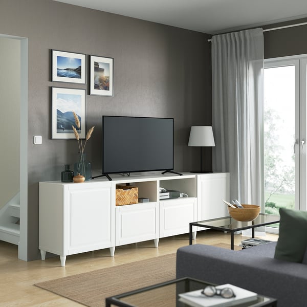 BESTÅ Banc TV avec portes et tiroirs, blanc/Smeviken/Kabbarp blanc, 240x42x74 cm