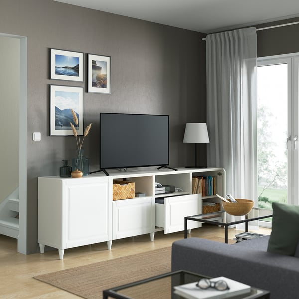 BESTÅ Banc TV avec portes et tiroirs, blanc/Smeviken/Kabbarp blanc, 240x42x74 cm