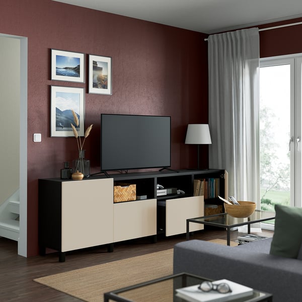 BESTÅ Banc TV avec portes et tiroirs, brun noir/Lappviken/Stubbarp gris clair/beige, 240x42x74 cm