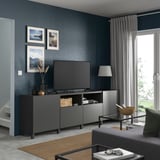 BESTÅ Banc TV avec portes et tiroirs, gris foncé/Lappviken/Stubbarp gris foncé, 240x42x74 cm