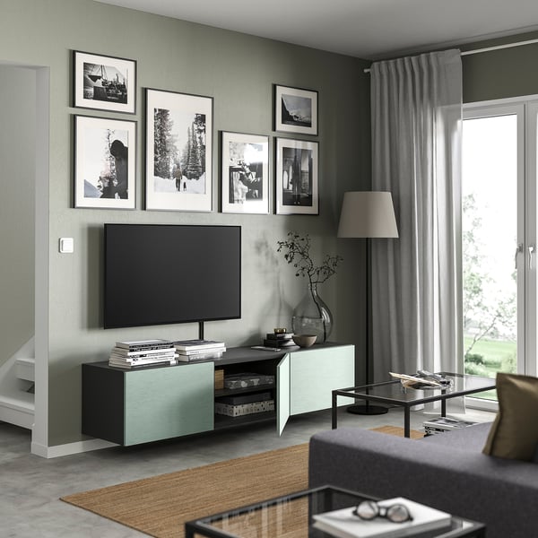 BESTÅ Banc TV avec portes, gris foncé/Hjortviken gris-vert pâle, 180x42x38 cm