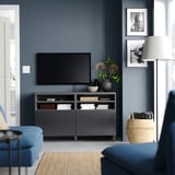 BESTÅ Banc TV avec portes, gris foncé/Riksviken/Stubbarp effet étain noir brossé, 120x42x74 cm