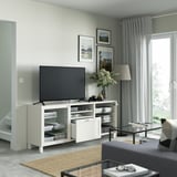 BESTÅ Banc TV avec tiroirs, blanc/Hanviken/Stubbarp blanc verre transparent, 180x42x74 cm