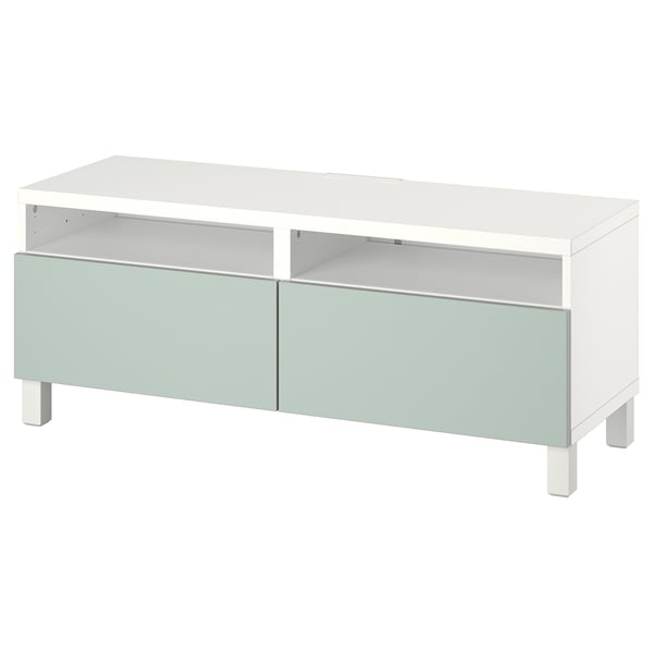 BESTÅ Banc TV avec tiroirs, blanc/Hjortviken/Stubbarp gris-vert pâle, 120x42x48 cm