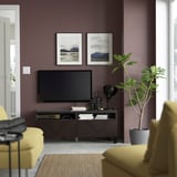 BESTÅ Banc TV avec tiroirs, brun noir Hedeviken/Stubbarp/brun foncé placage chêne teinte, 120x42x48 cm