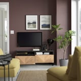 BESTÅ Banc TV avec tiroirs, brun noir Hedeviken/Stubbarp/plaqué chêne, 120x42x48 cm