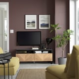BESTÅ Banc TV avec tiroirs, brun noir Hedeviken/Stubbarp/plaqué chêne, 120x42x48 cm