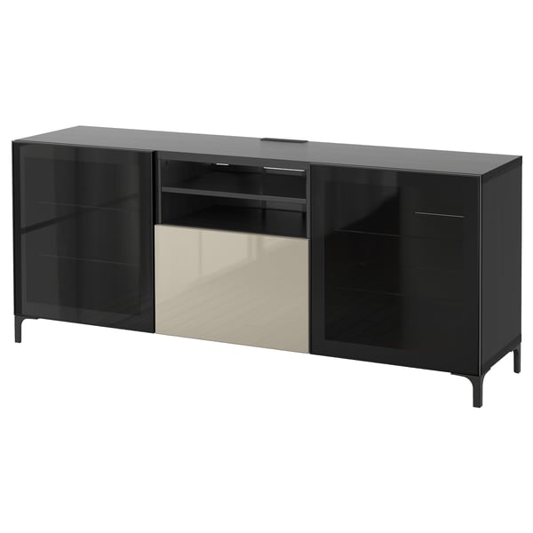 BESTÅ Banc TV avec tiroirs, brun noir/Selsviken/Nannarp brillant/beige verre transparent, 180x42x74 cm
