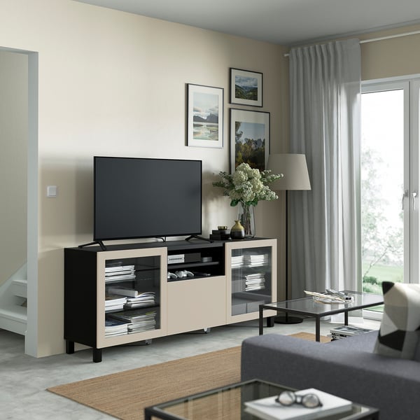 BESTÅ Banc TV avec tiroirs, brun noir Sindvik/Lappviken/Stubbarp gris clair/beige, 180x42x74 cm