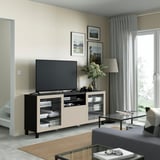 BESTÅ Banc TV avec tiroirs, brun noir Sindvik/Lappviken/Stubbarp gris clair/beige, 180x42x74 cm
