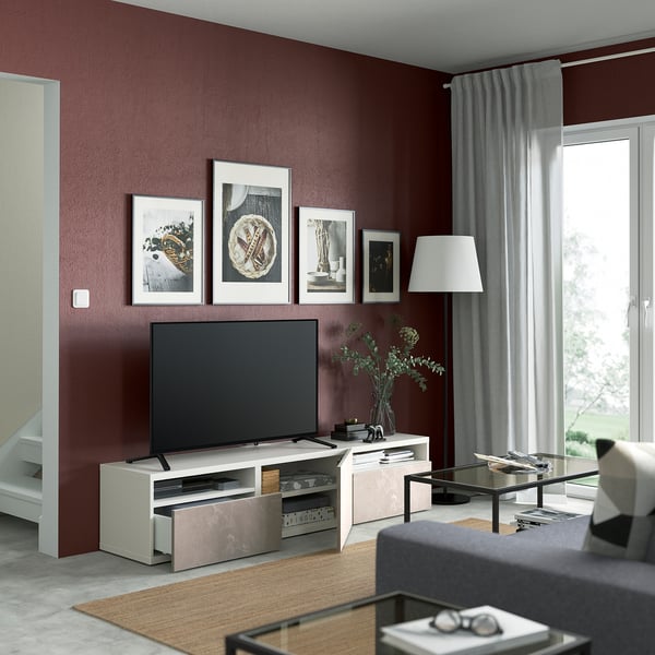 BESTÅ Banc TV avec tiroirs et porte, blanc/Bergsviken beige, 180x42x39 cm