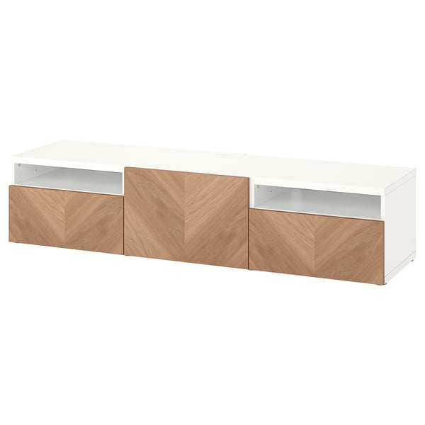 BESTÅ Banc TV avec tiroirs et porte, blanc/Hedeviken plaqué chêne, 180x42x39 cm