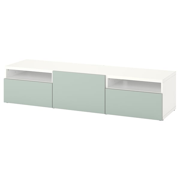 BESTÅ Banc TV avec tiroirs et porte, blanc/Hjortviken gris-vert pâle, 180x42x39 cm
