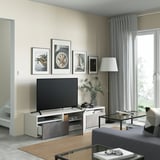 BESTÅ Banc TV avec tiroirs et porte, blanc/Kallviken gris clair, 180x42x39 cm