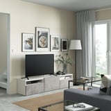 BESTÅ Banc TV avec tiroirs et porte, blanc/Kallviken gris clair, 180x42x39 cm