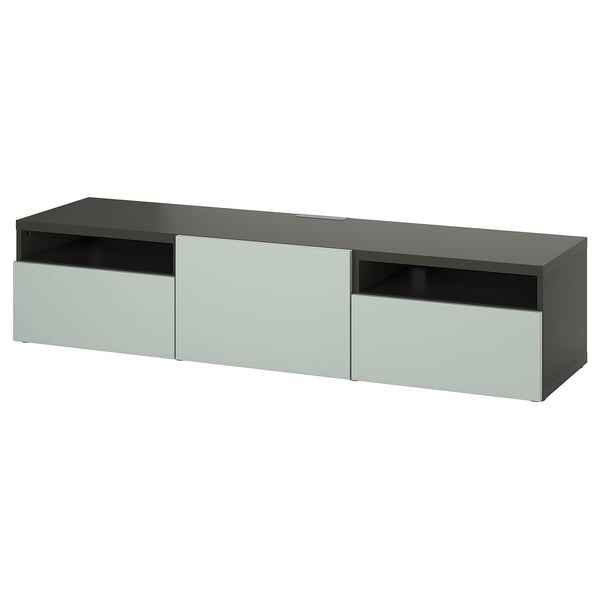 BESTÅ Banc TV avec tiroirs et porte, gris foncé/Hjortviken gris-vert pâle, 180x42x39 cm