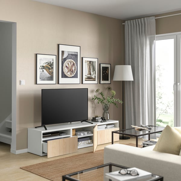 BESTÅ Banc TV, blanc/Fänrik frêne, 180x42x39 cm