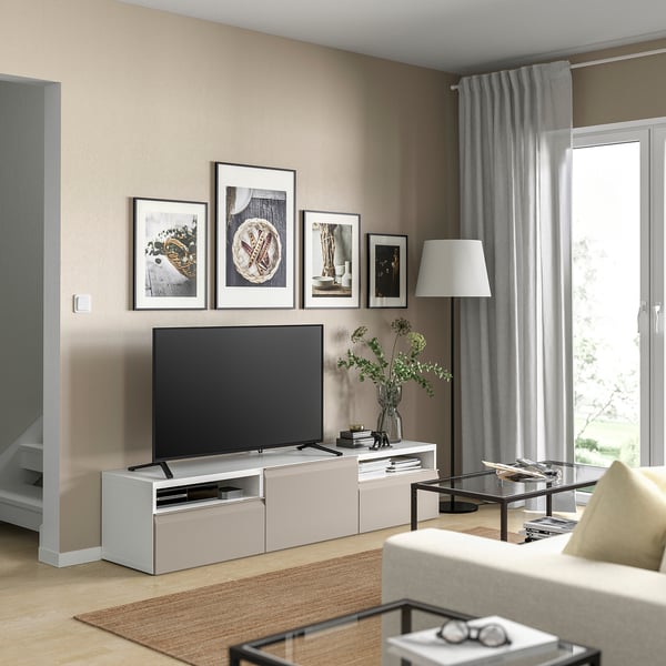 BESTÅ Banc TV, blanc/Hammarsmed beige, 180x42x39 cm
