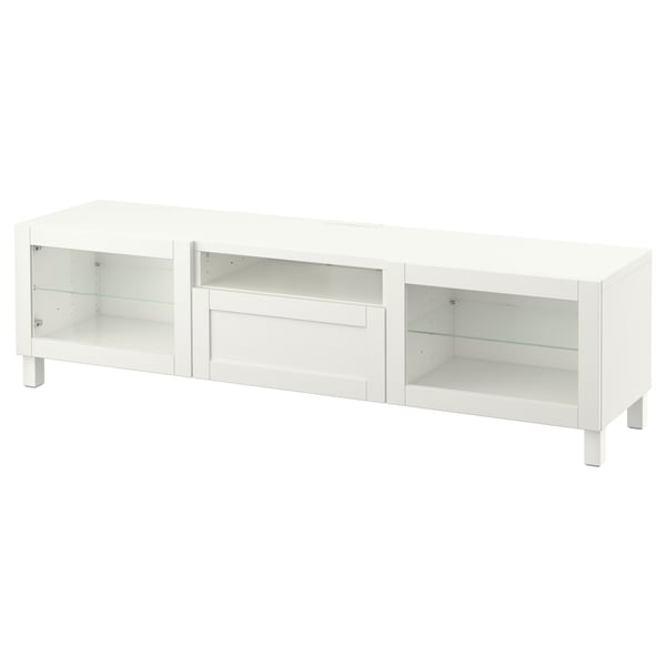 BESTÅ Banc TV, blanc/Hanviken/Stubbarp blanc verre transparent, 180x42x48 cm